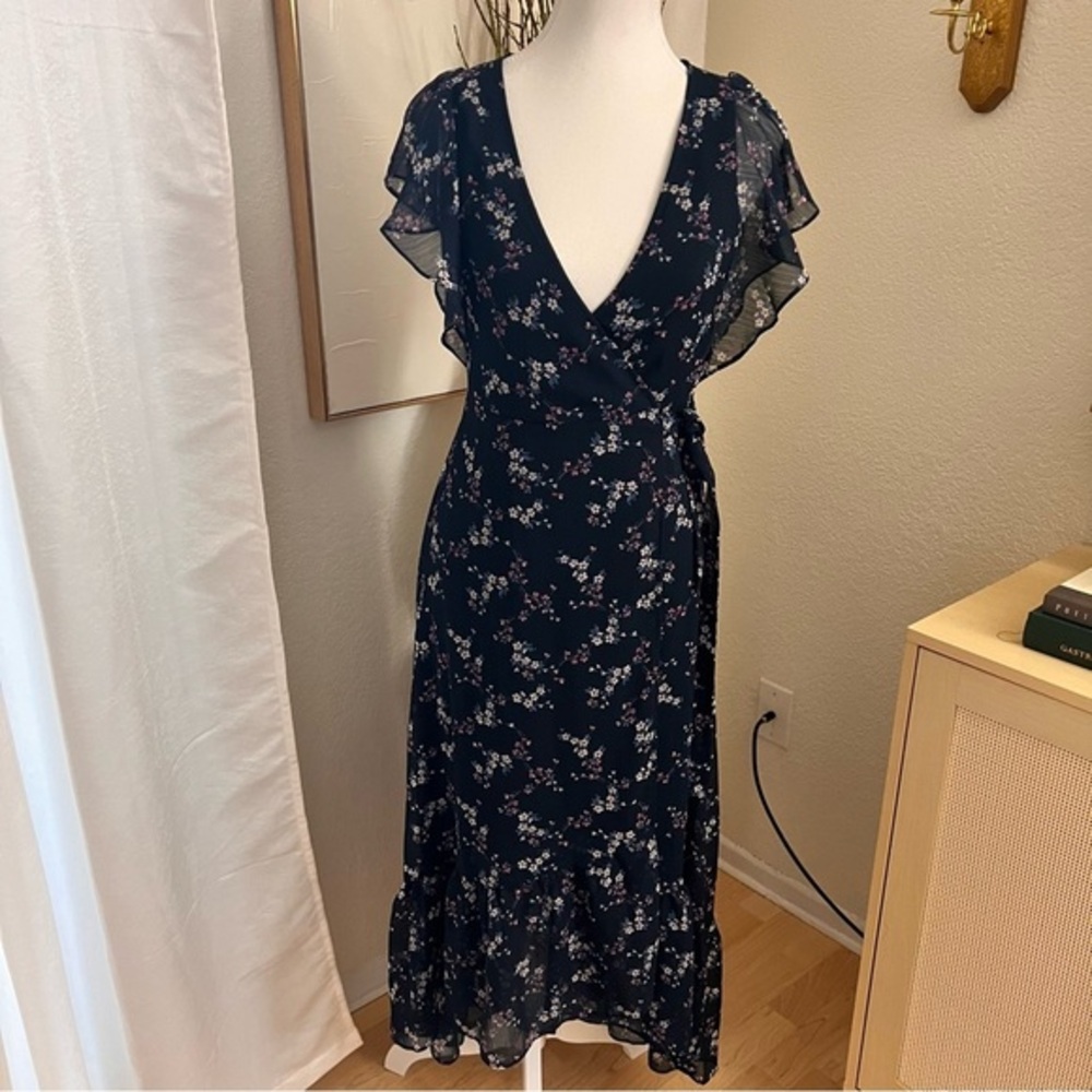 ANTHROPOLOGIE DREW Navy Floral High‎ Low Wrap Dress Size XS